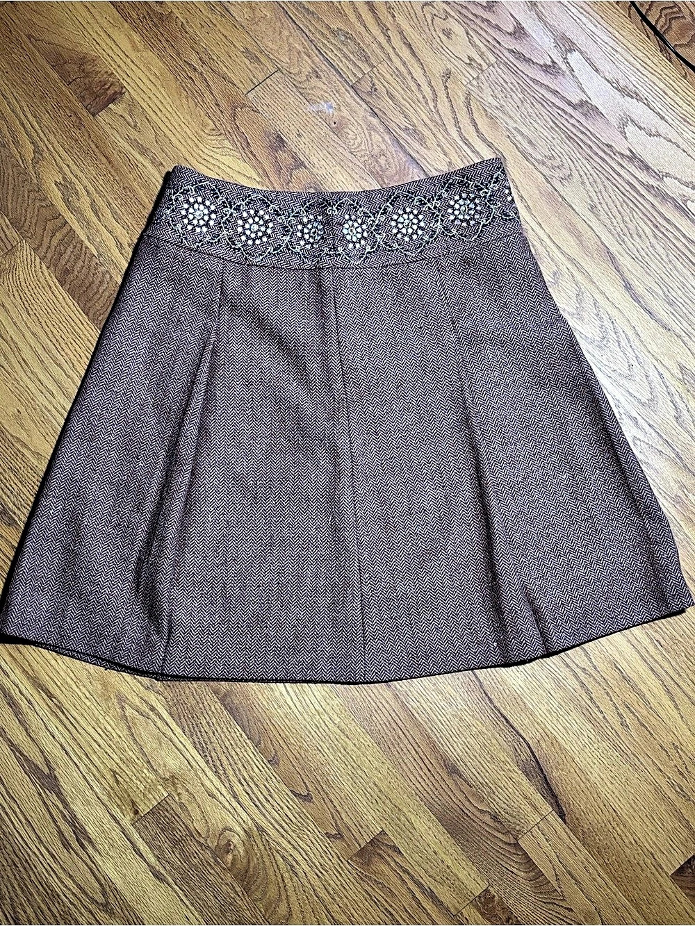 LOFT Brown Herringbone Tweed Pleated Skirt Beaded Waist